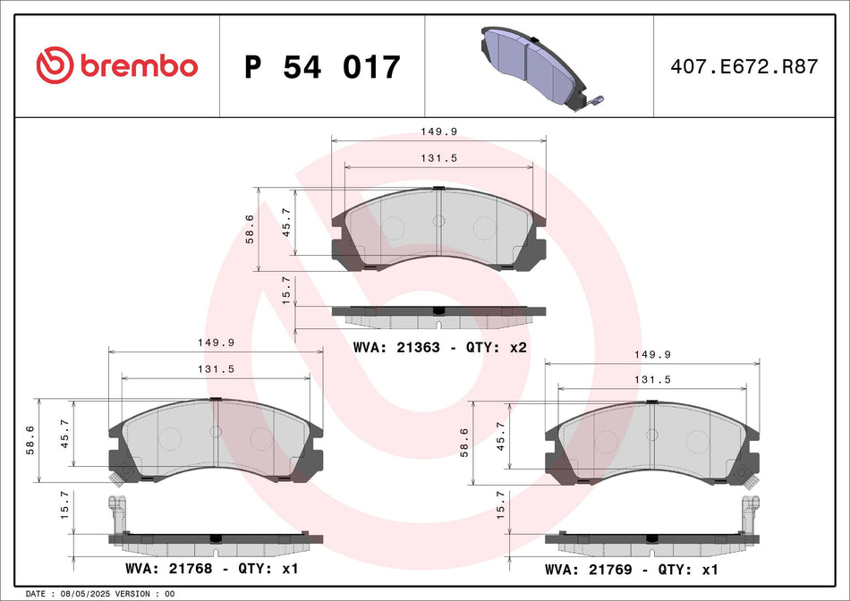 Brake Pad Set, disc brake - P 54 017