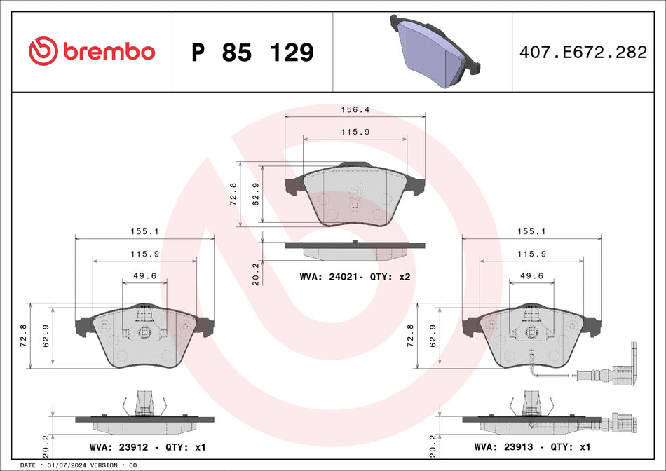 Brake Pad Set, disc brake - P 85 129