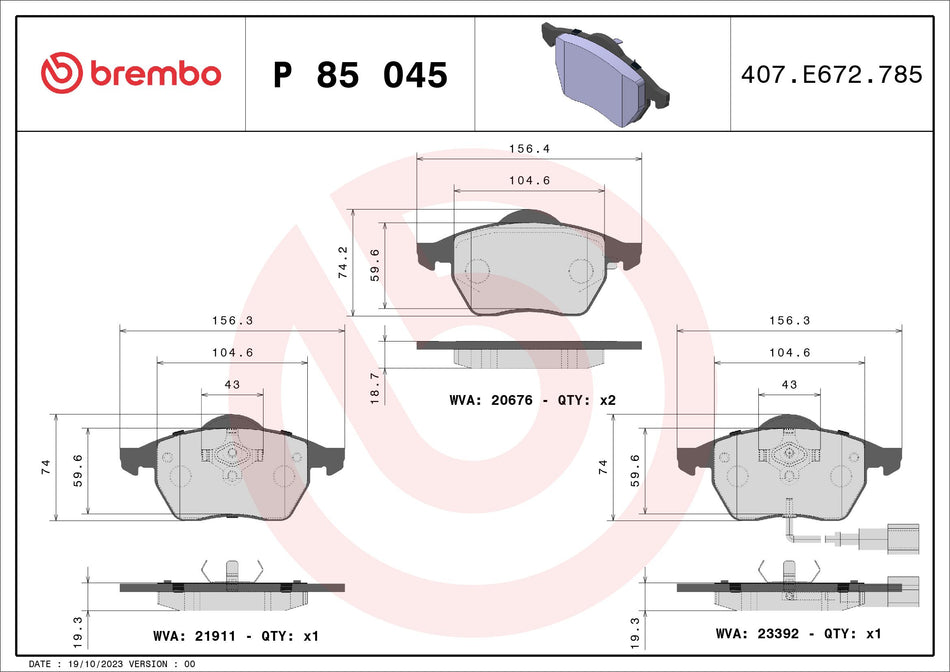 Brake Pad Set, disc brake - P 85 045