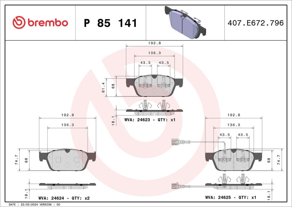 Brake Pad Set, disc brake - P 85 141