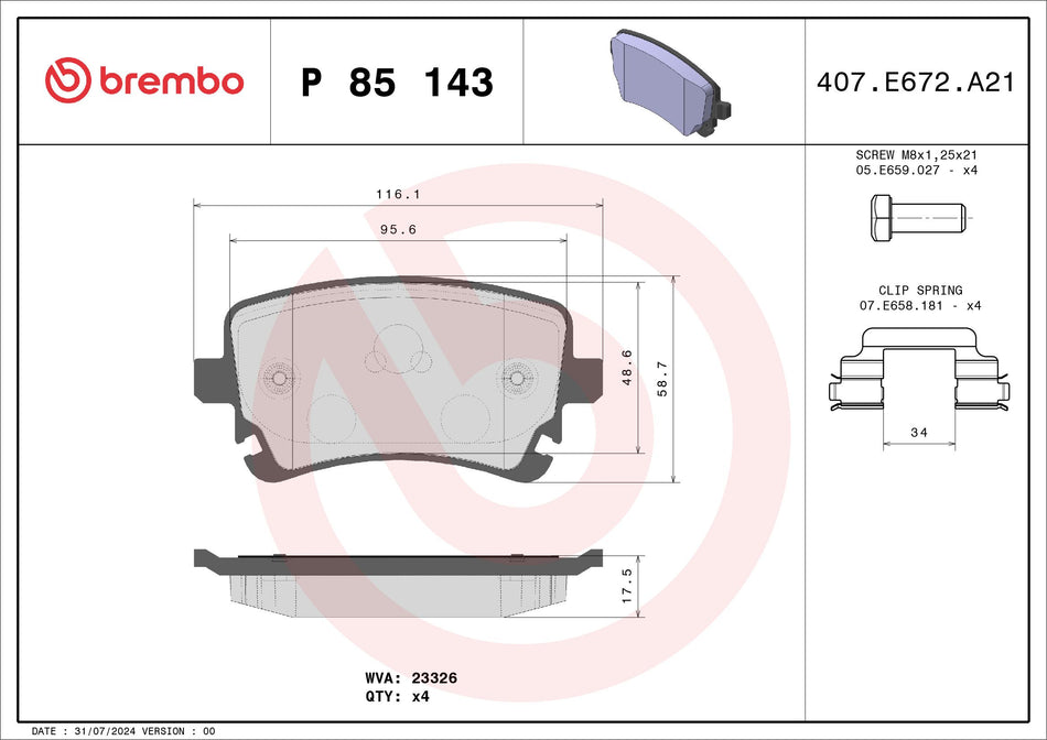 Brake Pad Set, disc brake - P 85 143