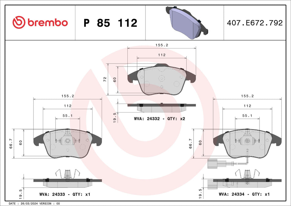Brake Pad Set, disc brake - P 85 112