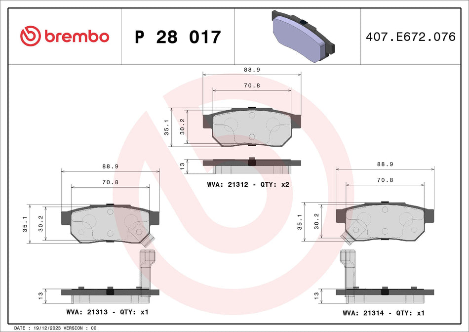 Brake Pad Set, disc brake - P 28 017