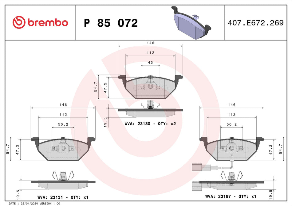 Brake Pad Set, disc brake - P 85 072X