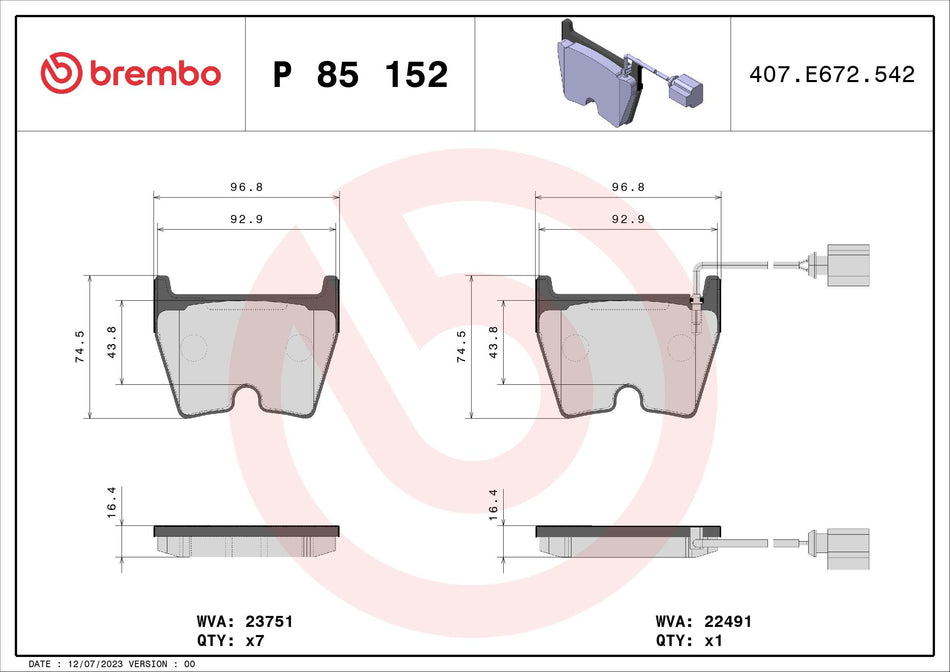 Brake Pad Set, disc brake - P 85 152