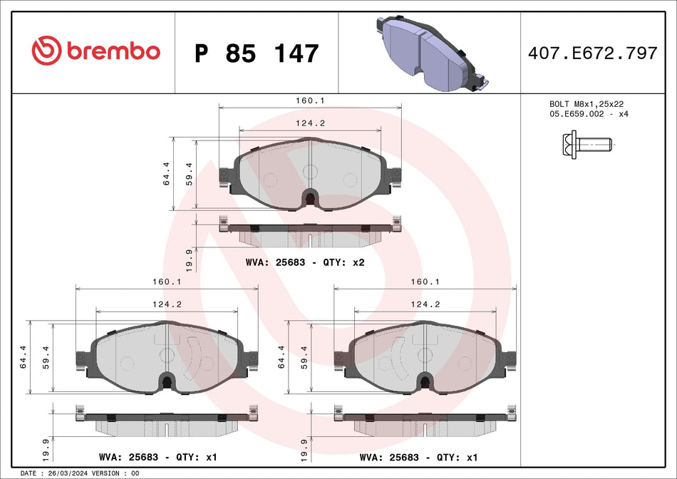 Brake Pad Set, disc brake - P 85 147