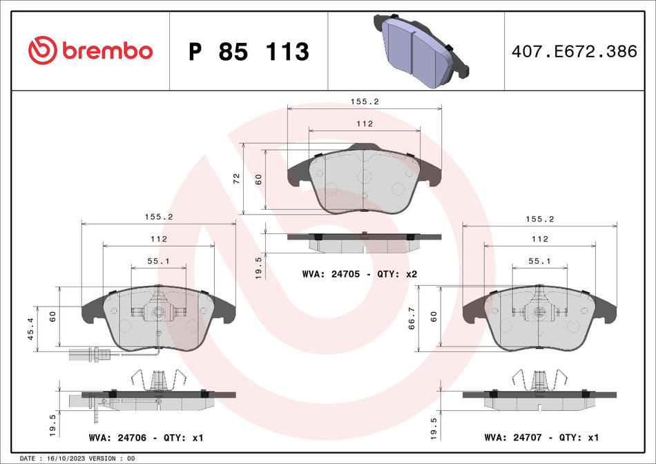 Brake Pad Set, disc brake - P 85 113X