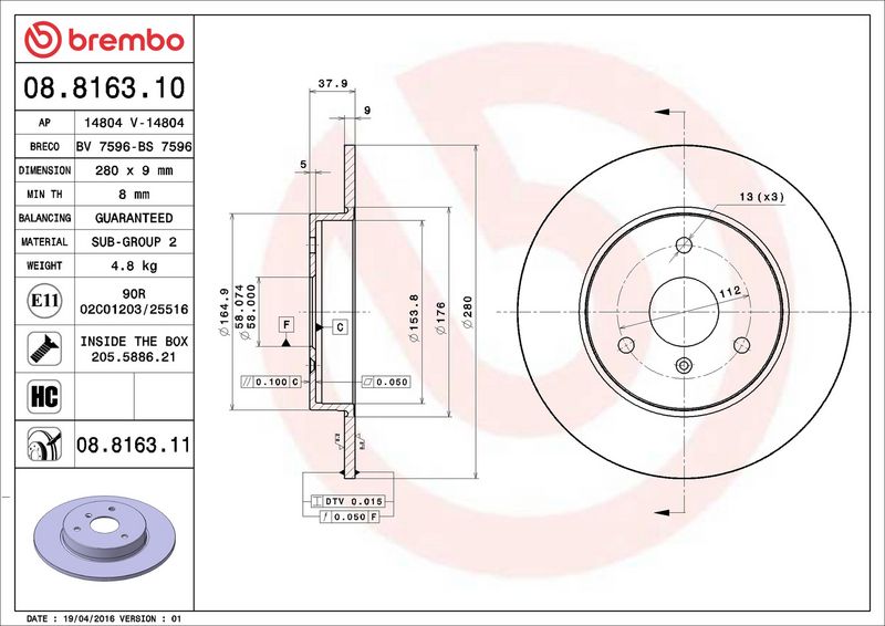 Brembo 08.8163.11 Brake Disc - 2