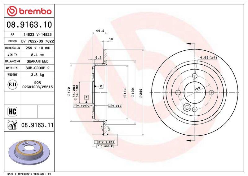 Brembo 08.9163.11 Brake Disc - 2