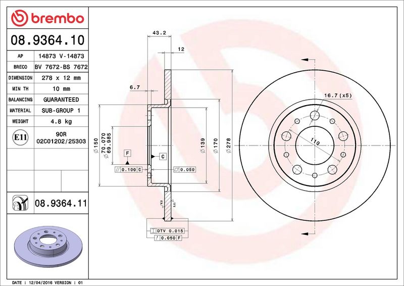 Brembo 08.9364.11 Brake Disc - 2