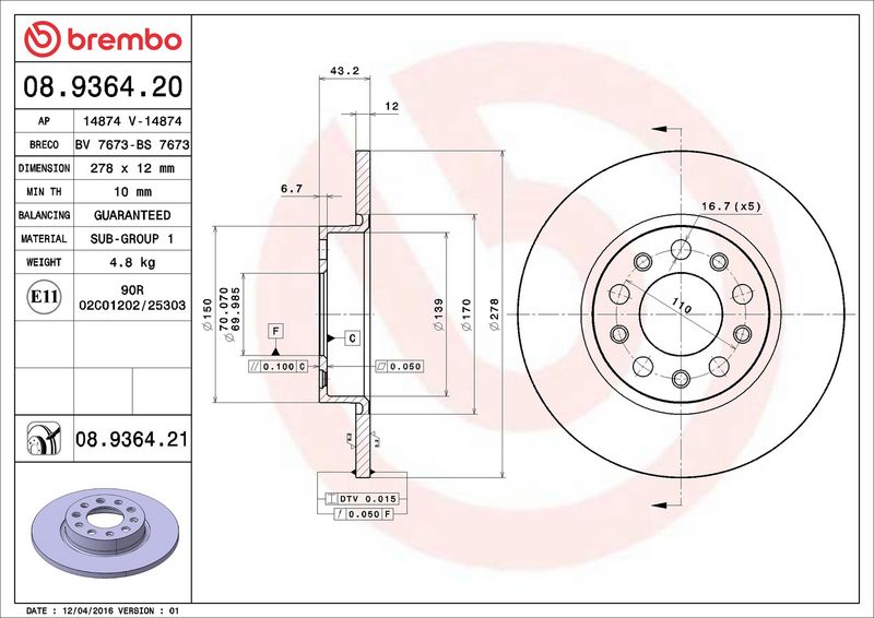 Brembo 08.9364.21 Brake Disc - 2