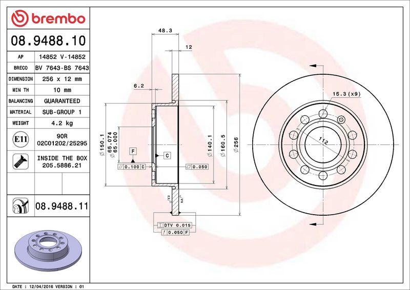 Brembo 08.9488.11 Brake Disc - 2