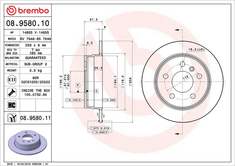 Brembo 08.9580.11 Brake Disc - 2