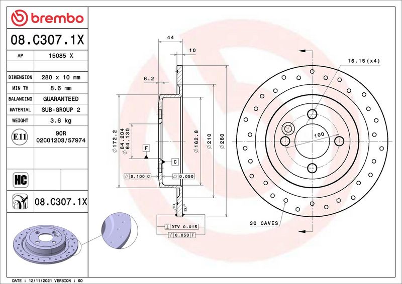 Brembo 08.C307.1X Brake Disc - 1
