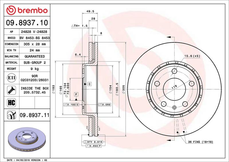Brembo 09.8937.11 Brake Disc - 2