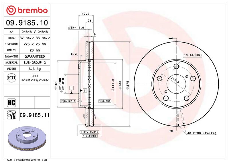 Brembo 09.9185.11 Brake Disc - 2