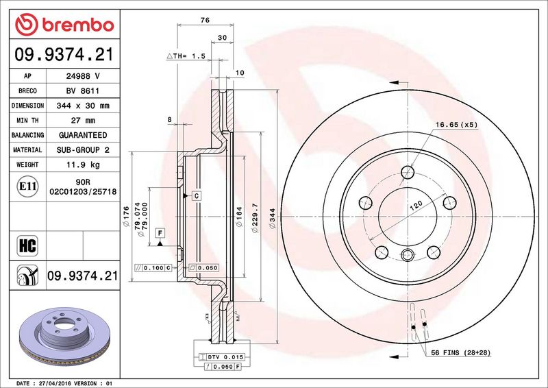 Brembo 09.9374.21 Brake Disc - 2