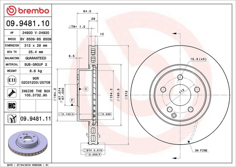 Brembo 09.9481.11 Brake Disc - 2