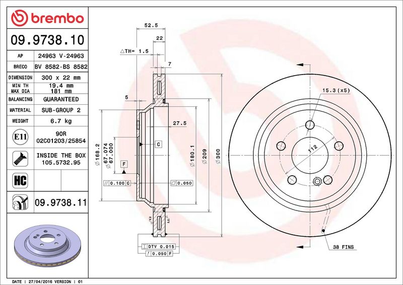 Brembo 09.9738.11 Brake Disc - 2