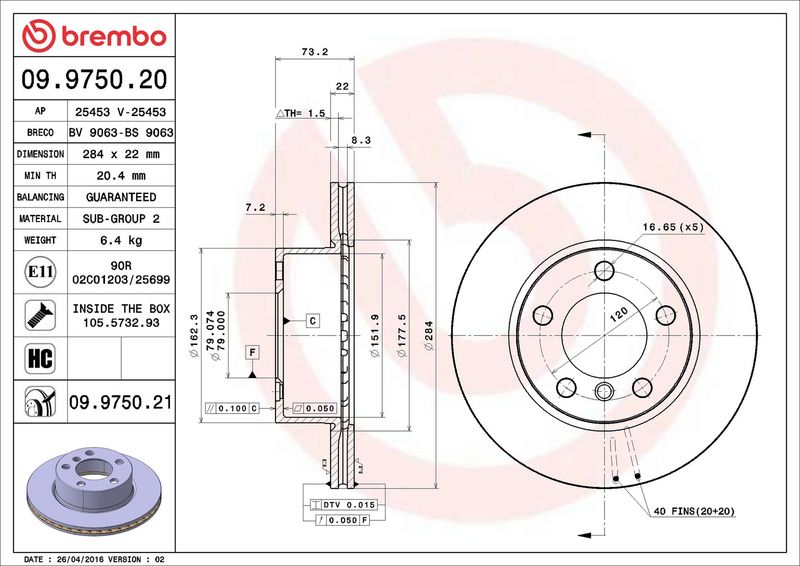 Brembo 09.9750.21 Brake Disc - 2