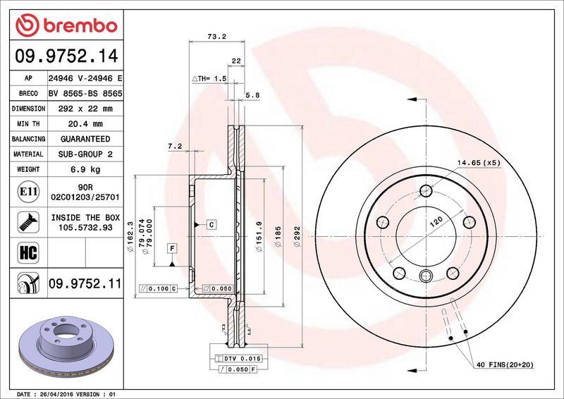 Brembo 09.9752.11 Brake Disc - 2