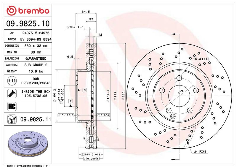 Brembo 09.9825.11 Brake Disc - 2