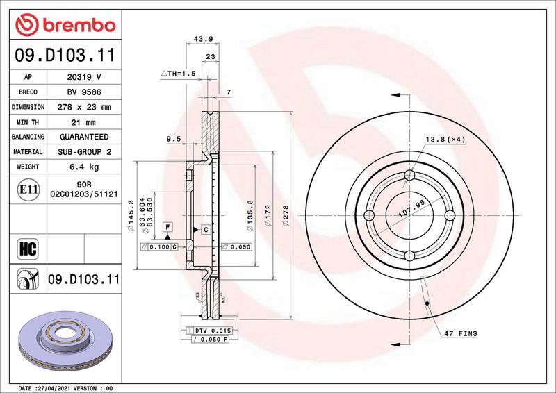 Brembo 09.D103.11 Brake Disc - 1