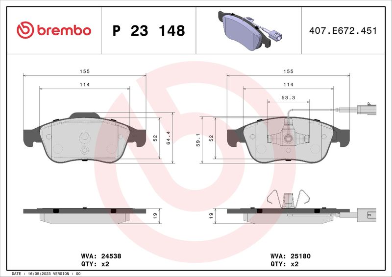 Brembo P23148 Brake Pad Set, disc brake - 1