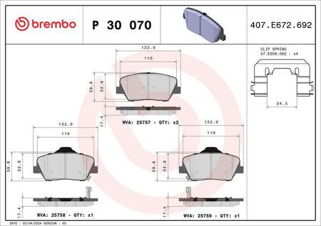 Brembo P30070 Brake Pad Set, disc brake - 1