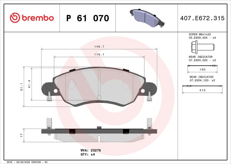 Brembo P61070 Brake Pad Set, disc brake - 1