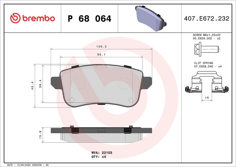 Brembo P68064 Brake Pad Set, disc brake - 1