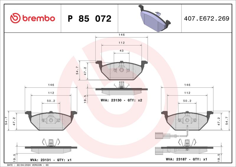 Brembo P85072X Brake Pad Set, disc brake - 1