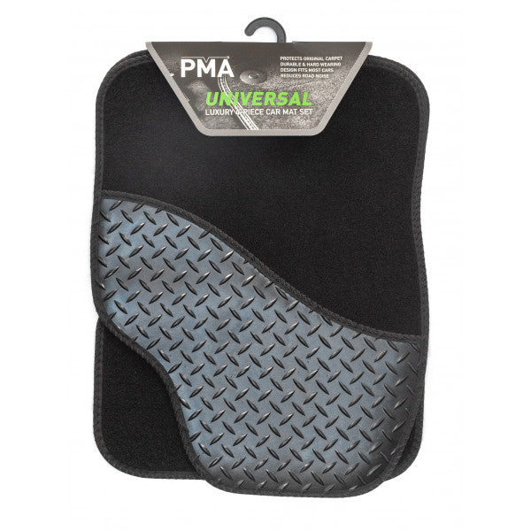 Universal Luxury Car Mat Set with Rubber Heal Pad - 4 Piece Black