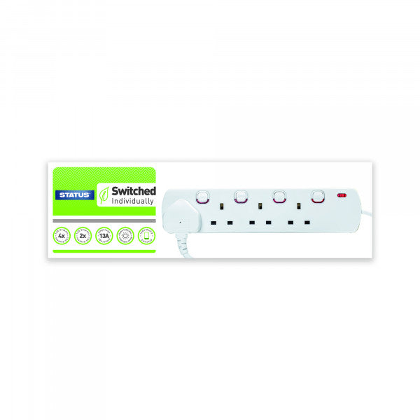 Status 4 way White Individually Switched Extension Socket. 2 metre lead with plug. Neon Indicator
