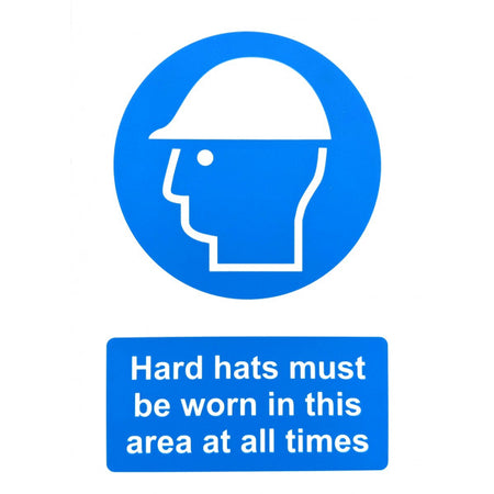 Hard hat safety sign made from rigid plastic suitable for internal and external use.
