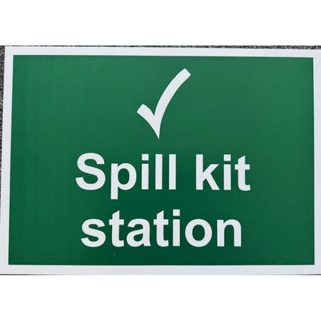 Spill kit station safety sign, made from rigid plastic and suitable for inside and outside uses