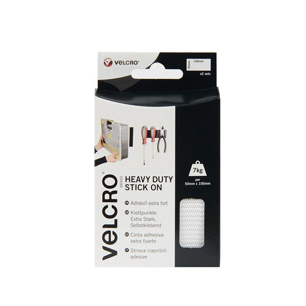 VELCRO Brand Heavy Duty Stick On Strips, 50mm x 100mm - White, Pack of 2