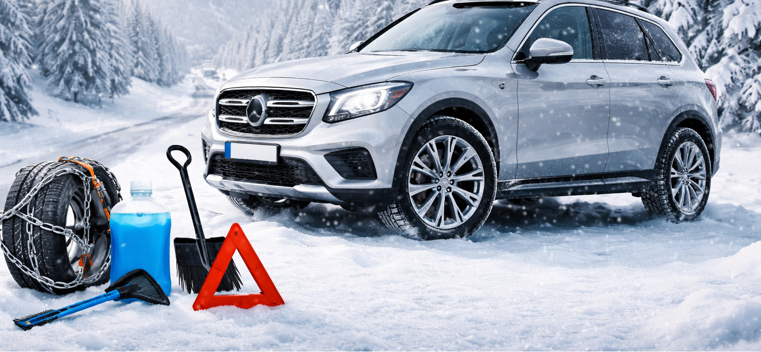 Car on a snowy road with winter equipment, including tires on a block and a snow shovel.