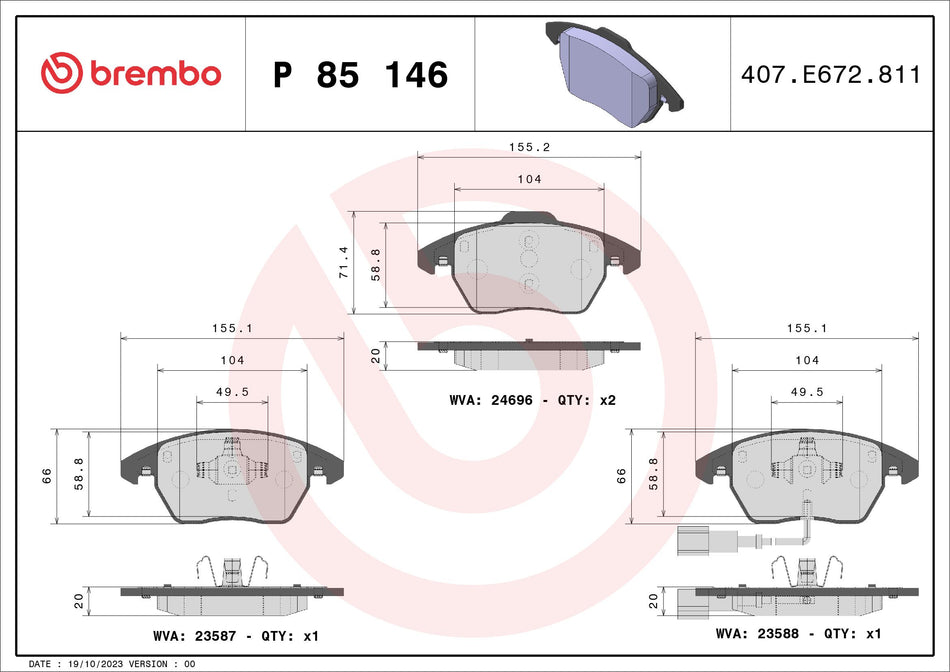 Brake Pad Set, disc brake - P 85 146