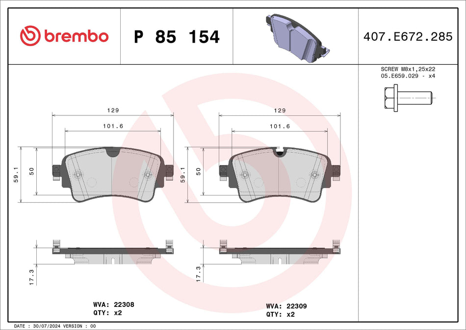 Brake Pad Set, disc brake - P 85 154