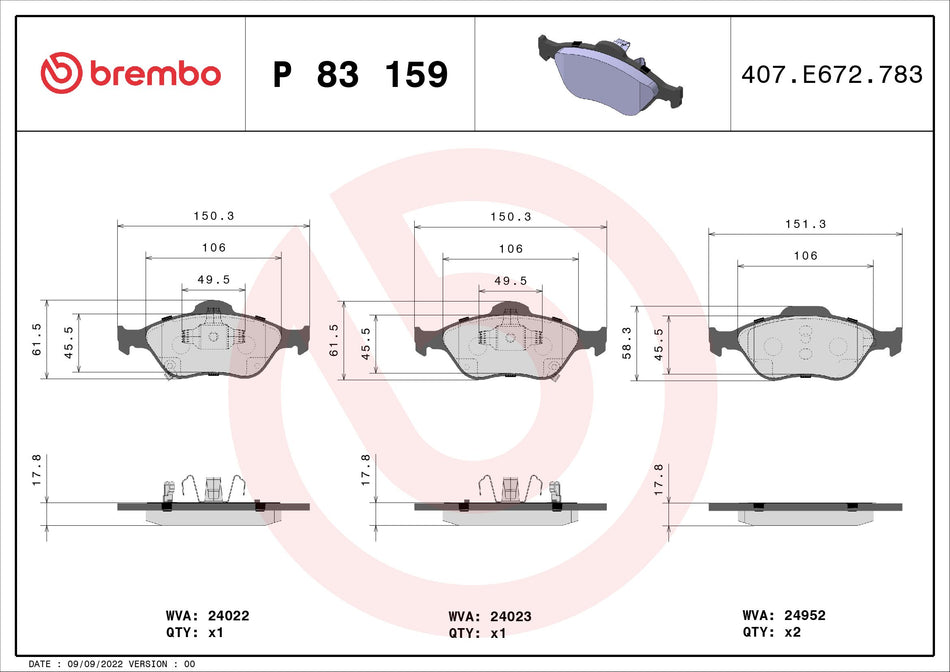Brake Pad Set, disc brake - P 83 159