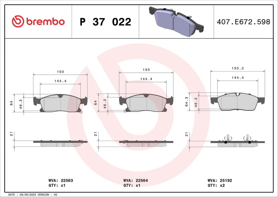 Brake Pad Set, disc brake - P 37 022