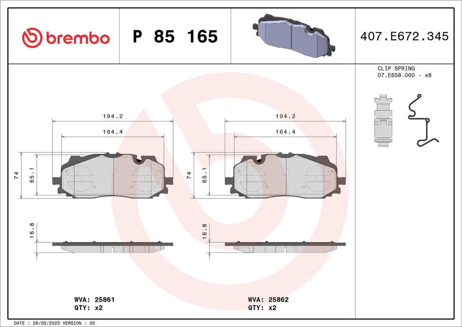 Brake Pad Set, disc brake - P 85 165