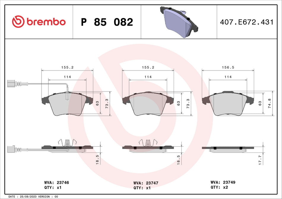 Brake Pad Set, disc brake - P 85 082