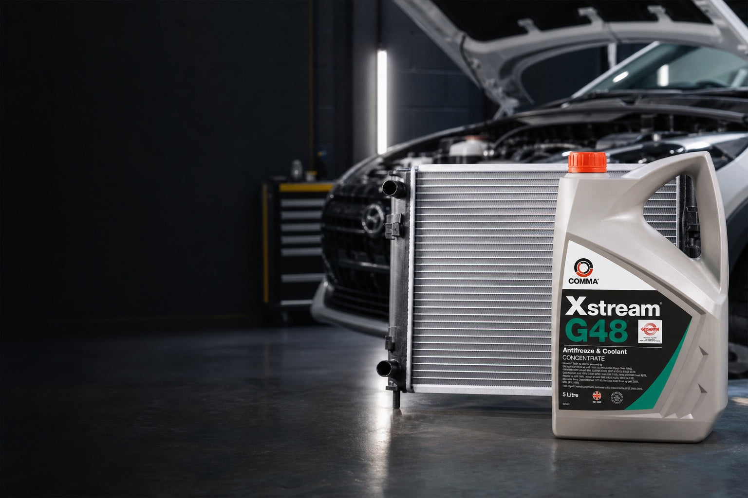 Comma Xstream coolant and an NRF radiator in a modern workshop