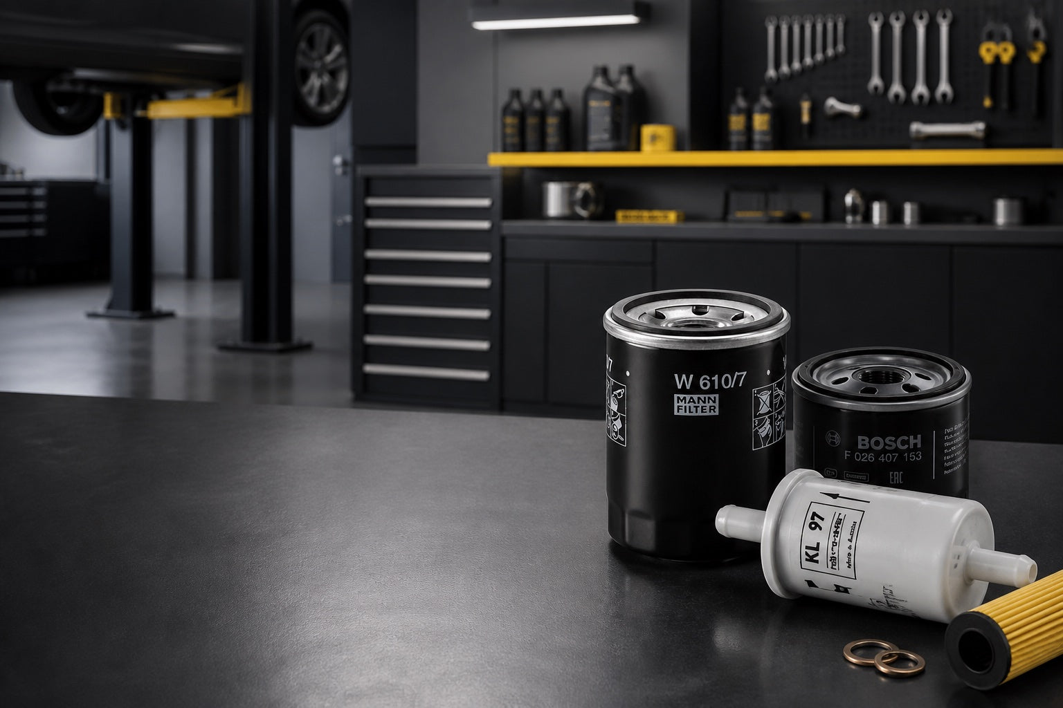 Bosch, MANN-FILTER and Mahle service filters in a modern workshop